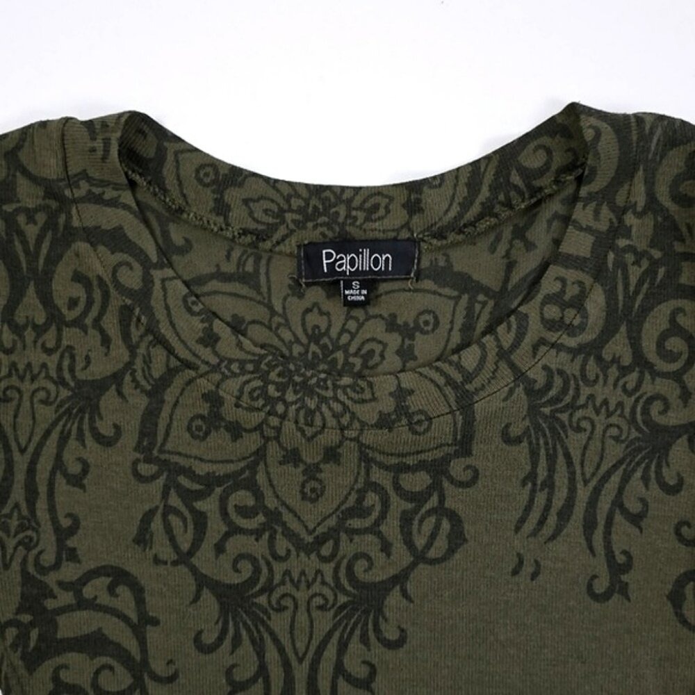 Papillon Women's Fit & Flare Dress Fatigue Green Paisley Knit Crew Neck Size S - Picture 4 of 12